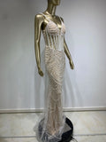 Kylethomasw Women Summer Sexy V Neck Pearl Beading Beige Maxi Long Bodycon Gowns Dress 2024 Elegant Evening Party Club Dress Vestido