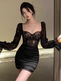 KYLETHOMASW  -  Cocktail Dresses Women Sexy Square Collar Lace Patchwork Puff Sleeve Slim Square Collar Birthday Party Evening Dress