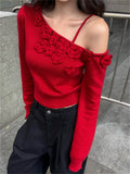 KYLETHOMASW  -  Roses Women Sweet Sweaters OL Knitwear Loose Off Shoulders 2025 Sexy Pullovers Chic All Match OL Winter Gentle