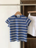 Kylethomasw   -  Blue Striped Contrast T-shirt Women Classic O Neck Chic Slim Short Sleeve T-shirts 2024 New Summer Korean Fashion Casual Tees