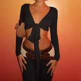 KYLETHOMASW  -  Ins niche design irregular deep V-knot tied long sleeved cover shirt solid color basic versatile temperament short cardigan