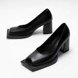 KYLETHOMASW  -  Luxury Designer Women's Pumps Sexy Square Toe Chunky Heel High Heels Black Soft Leather Elegant Evening Dress Shoes for Women