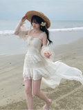 KYLETHOMASW  -  New Summer Vacation White Dress Irregular Hem Heavy Embroidery Fairy Tale Women's Dress Square Collar Fly Sleeve Beach Dress