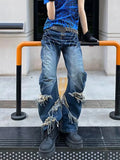 KYLETHOMASW  -  American High Street Washed Patchwork Jeans Vintage New Hole Denim Pants Fashion High Waist Loose Wide Leg Pants