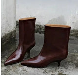 KYLETHOMASW  -  Burgundy Patent Leather High-Top Long Boots For Women Wine Red Pointed Toe Slip On Botas Largas De Mujer Kitten Low Heels Mature