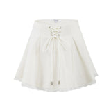 KYLETHOMASW  -  Holiday Front Cross Lacing up Bandage Bow Zipper Waist Mini Skirt Women White Spliced Lace Hem Ruched Swing A-lined Skirts Black