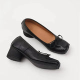 KYLETHOMASW  -  Retro Square toe folding Bowknot Soft Leather Women Pumps Ballet Style Thick High heels Casual Chunky Loafer Shoes