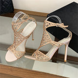 KYLETHOMASW  -  Designer Hollow Out Crystal Diamond Buckle Strap Woman Sandals Street Style Thin High Heels Striptease Shoes