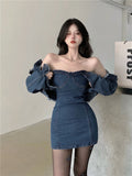 vKYLETHOMASW  -  High Street Denim Suit Women Spring New Short Coat Jacket Suspenders Tube Top Dress Korean Two-piece Set Ladies