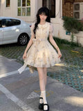 KYLETHOMASW  -  Korean Ladies Mini Dress Summer Short Sleeve Fashion Embroidered Floral Ball Gown Dress Sweet Pan Collar Women Party Vestidos