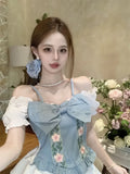 KYLETHOMASW  -  New Heavy-industrial Denim Design Three-dimensional Embroidered Sweet Suspender Slim Top