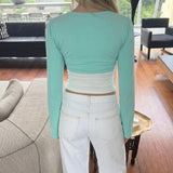 KYLETHOMASW  -  Autumn Korean Color Blocked V-neck Fake Two Piece Shirt Casual Flared Sleeves Spicy Girl Slim Fit Tee Y2k Harajuku Top 여성 반팔 니트