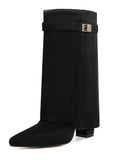KYLETHOMASW  -  New Autumn and Winter New Pointed Metal Buckle Knee High Women's Boots, Thick High-heeled Pants Boots, Fashionable Mid Leg Boots