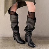 KYLETHOMASW  -  Women's Long Boots Knee High Round Toe Low Block Heel Leather Look Slip on Western Style Casual Footwear Boots Women Detail 123