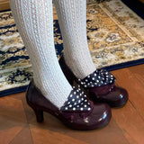KYLETHOMASW  -  Retro Reddish-Brown Flap High Heels Round Toe Low Heel Niche Design Low-Cut Slip-On Mary Jane Shoes for Women.