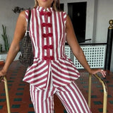 KYLETHOMASW  -  Striped Mandarin Collar Frog Button Ruffle Trim Top Striped Single‑breasted Summer Women Blouse Versatile Casual Lady Office Top