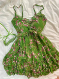 KYLETHOMASW  -  Sweet Lolita Kawaii Mini Dress Women Floral Lace Ruffle Tiered Cake Skirt V Neck Bowknot Spaghetti Strap Vacay Daily Fashion