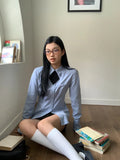 Kylethomasw Harajuku Blue Shirts for Women Slim Button Up Blouse with Tie Spring Summer Preppy Style Long Sleeve Uniform Clothes New