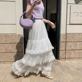 KYLETHOMASW  -  Long Skirts Mesh Ruffles Solid A-line Spring Summer Sweet Women Skirt Elegant Vintage High Waist Faldas Mujer
