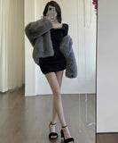 KYLETHOMASW  -  Sweet Hot Girl Retro Fur Patchwork Dress Women's Autumn/Winter Square Collar Ruffled Tight Wrap Hip Dress Fashion Female Clothes
