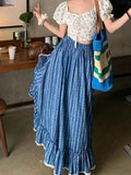 KYLTHOMASW  -   Blue and White Stripe Retro Half Skirt Summer 2024 New Fashion Spliced Lace High Waist Slimming Beach Style Long Skirt for Women