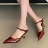 KYLETHOMASW  -  Sexy Patent Leather Pointed Toe Buckle Strap Slippers Women Fashion Thin Heels Wedding Dress Mule Shoes