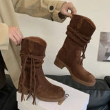 KYLETHOMASW  -  Brown Suede Boots Woman Round Toe Chunky Heels Boots Fall Winter Black  New Rocks Shoes Botas Western Cowboy Feminina