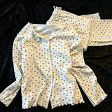 KYLETHOMASW  -  Pajama Set Autumn Korean Style Heart Bow Print Long Sleeve Cute Loungewear Ruffle Trim Button Up Home Sleepwear Korean Style