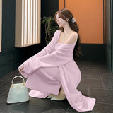 KYLETHOMASW  -  Women's Dresses Sets Solid V-Neck Long Cardigan+Waist Retraction Strapless Dress Sexy Elegant Knitted Two-Pieces Lady's Clothing