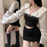 KYLETHOMASW  -  Patchwork Elegant V-Neck Slim Cropped Blouse Luxe Work Ready Chic Long Sleeve Shirt Korean Fashion Modern Professionals Top