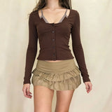 KYLETHOMASW  -  y2k sexy lace patchwork fake two piece o neck long sleeve single breasted knitted slim tops