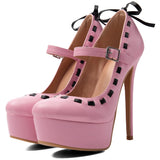 KYLETHOMASW  -  Pink Leather Mary‑Jane Platform Stiletto Pumps Black Contrast Stitching Back Bow Decor Round Toe Adjustable Buckle Shoes