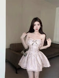 KYLETHOMASW  -  Evening Dresses Women Strapless Floral Lace Patchwork Bowknot Pearl Fairy Sweet Ball Gown Mini Cocktail Dress Birthday