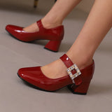 KYLETHOMASW  -  Plus Size 48 Women Patent Leather Mary Jane Shoes Sparkly Crystal Rhinestone Burgundy White Block Heel Pumps Party Shoe