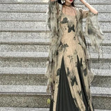 KYLETHOMASW  -  Retro Butterfly Print Patchwork Camisole Dress for Women+ Thin Long Sleeve Loose Cardigan 2025 Summer New Two Piece Sets