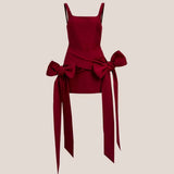 KYLETHOMASW  -  Bow Decoration Mini Dress Woman U Collar Backless Sleeveless Skinny Peach Hip Christmas Party Sweet Style Elegant Bodycon