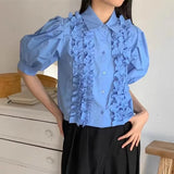 KYLETHOMASW  -  Puff Sleeve Women Shirts&blouses Ruffles Solid Spring Summer Korean Fashion Blusas Mujer Chic Vintage Camisas