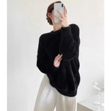 KYLETHOMASW  -  Autumn and Winter New Fashion Furry Blue Mink Fur Sweater for Women Round Neck Simple Loose Casual Knitted Pullovers Women Tops