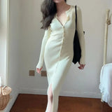 KYLETHOMASW  -  Autumn New Kniting Bodycon Midi Dresses For Women Long Sleeve Solid Color Elegant Office Ladies Single Breasted Slit Dress K658