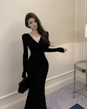 KYLETHOMASW  -  Sweet Hot Girl Sexy V-neck Twisted Dress Women's Autumn Lace-up Slim Fit Hip Wrapped Mermaid Long Dress Fashion Female Clothes