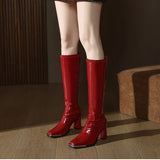 KYLETHOMASW  -  Thick Heel Women Knee High Boots Fashion Silvery Square Toe Autumn Winter Ladies Elegant Mordern Knight Long Booties