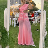 KYLETHOMASW  -  Fashion Irregular Solid Color Dress Temperament High Waist Mesh Hollow Out Dress Sexy Sleeveless Pleated Wrap Hips Evening Dress