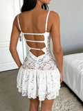 KYLETHOMASW  -  Women Floral Lace Mini Dress Spaghetti Strap V Neck Bandage Tie-up Ruffle A-line Dress See Through Beach Club Sexy Retro Dresses