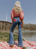 KYLETHOMASW  -  Vintage Women Contrast Five-point Star Patchwork Denim Flared Pants Baggy Dragging Jeans Trousers Chic Elegant Casual Short Pant