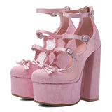 KYLETHOMASW  -  Women Sweet Lolita Floral Lace Platform Block Heel Pumps Triple Satin Mary Jane Straps Bow Round Toe Back Zip High Heels
