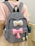 KYLETHOMASW  -  Large Capacity Plaid Cute Bowknot Backpack Lattice Korean Style Nylon Student School Bag Solid Color Lightweight