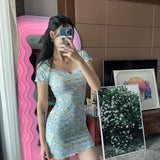 KYLETHOMASW  -  Floral Pastoral T-shirt Dress For Women 2024 Summer New Slim High Elastic Fashion Elegant Party Dress Retro Sweet Short Dresses.