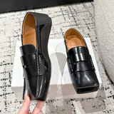 KYLETHOMASW  -  Fashion Square Toe Patent Leather Women's Loafers Comfortable Flat Mules for Women Retro Low Square Heel Black Women's Shoes