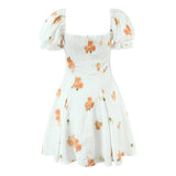 KYLETHOMASW  -  Retro White Flower Bow Ruched Chest Lace Slash Collar Satin Mini Dress Women Short Puff Sleeve Low Waist Swing Dresses Robe