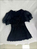 KYLETHOMASW  -  Gothic Vintage Black Lace 2-piece Set Women Lolita Lace Puff Sleeve Y2K Tops Female + High-waist Ruffle Short Kawaii Mini Skirt